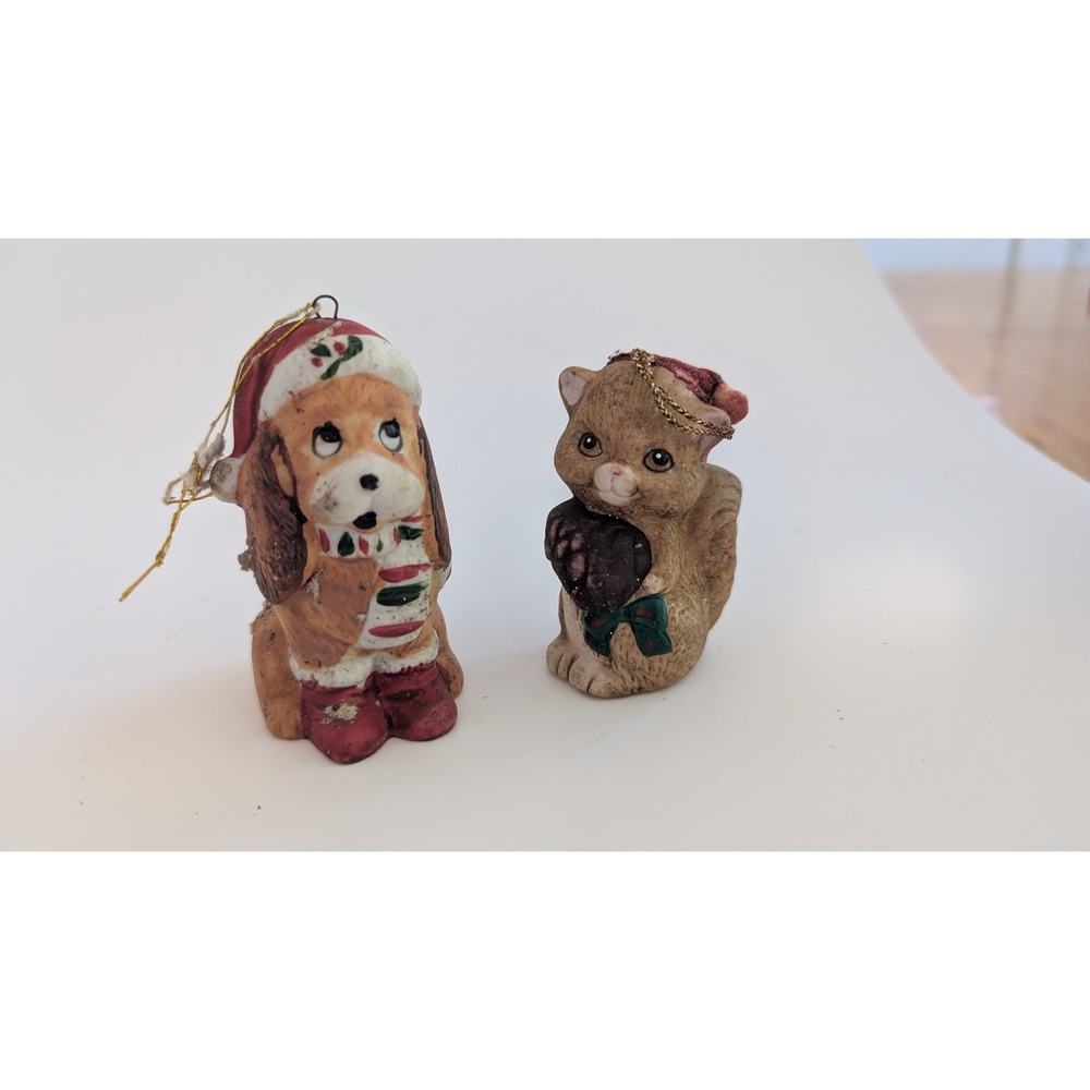 Vintage 1986 Ceramic Christmas Ornaments Set Dog and cat Holiday Decor